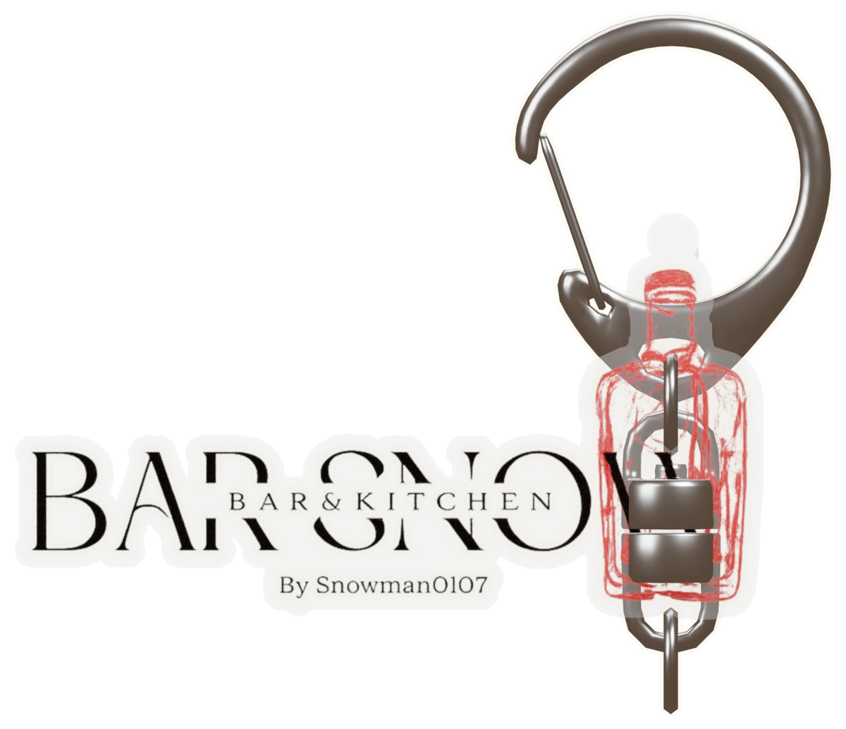 BAR SNOW 公式アクリルキーホルダー。ロゴの形に抜かれたアクリル板と金具
