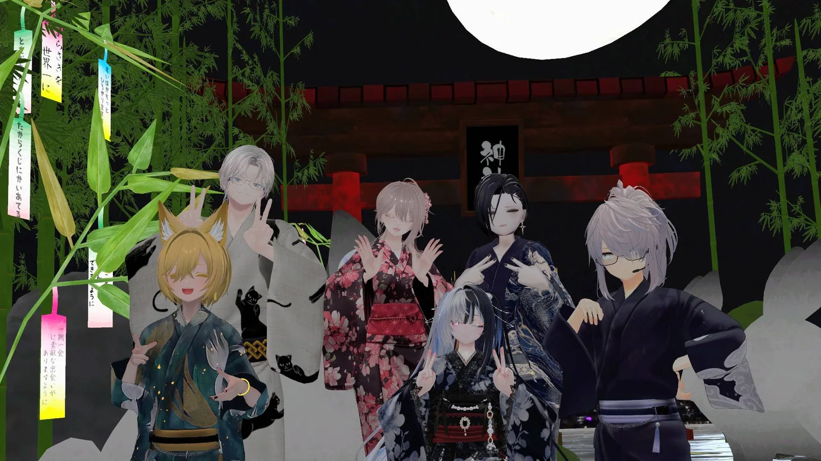 浴衣姿のキャストのみなさん。夜の神社、七夕の笹飾りと満月の前で